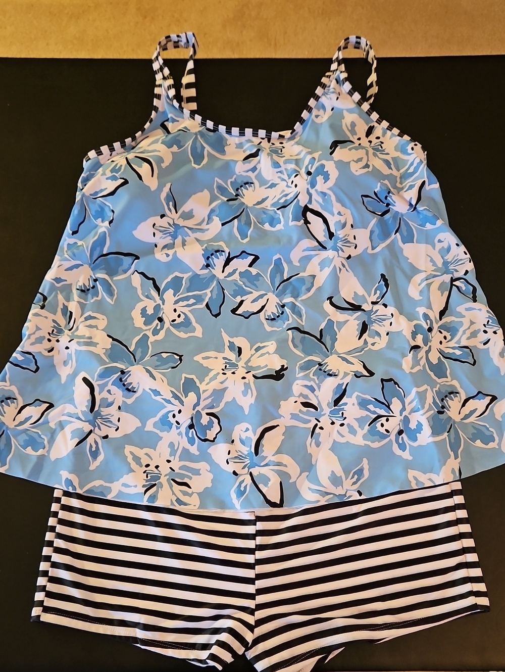 Plus Size Blue Floral Tankini Set with Black & White Striped Shorts